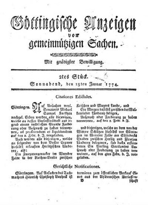 2tes Stück. Sonnabend, den 15ten Januar 1774.