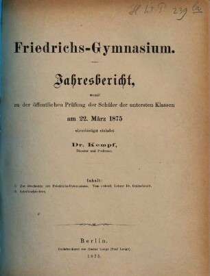 Jahresbericht : über das Schuljahr Ostern .... 1874/75 (1875)