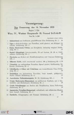 Versteigerung: Nur Donnerstag, den 14. November 1935, Beginn 3 Uhr (Nr. 1-240)