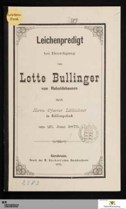 Leichenpredigt bei Beerdigung von Lotte Bullinger von Raboldshausen