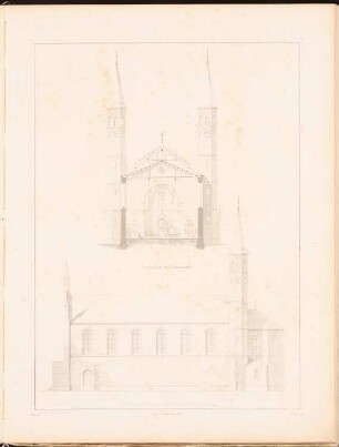 Katholische Kirche für 800 Personen: Querschnitt, Seitenansicht (aus: Entwürfe zu Kirchen, Pfarr- und Schulhäusern, hrsg. von der Kgl. Preuß. Oberbaudeputation, 1845-1855)