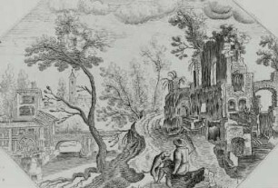 Landschaft mit Baum, sitzendem Mann und Hund, im Hintergrund eine Ruine
