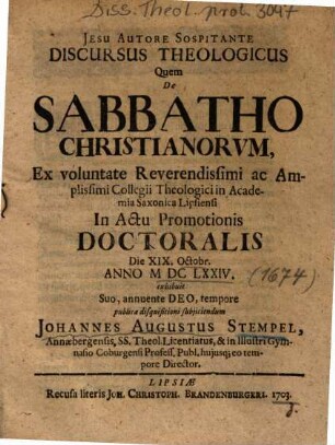 Discursus Theologicus Quem De Sabbatho Christianorvm