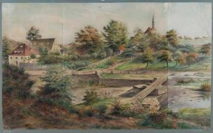 Blick über die Weißeritz auf die Hofmühle (links) und die Kirche des Dorfes Plauen bei Dresden