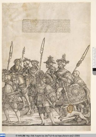 Der Triumphzug Kaiser Karls V., Bl. 3, Reiter, Landsknechte und Hund