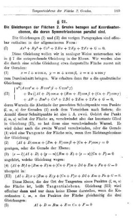 § 21. Die Gleichungen der Flächen 2. Grades bezogen auf Koordinatenebenen, die deren Symmetrieebenen parallel sind.