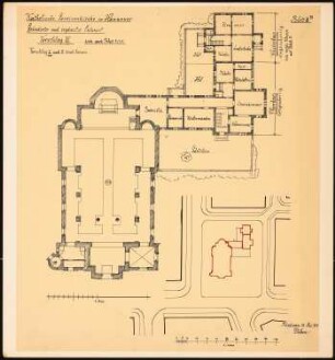 Katholische Garnisonskirche, Hannover: Geänderter und ergänzter Entwurf, Vorschlag III: Lageplan 1:1000, Grundriss 1:200