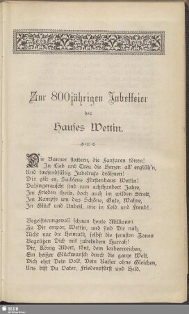 Zur 800jährigen Jubelfeier des Hauses Wettin