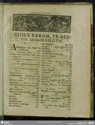 Index Rerum, Praecipue Memorabilium