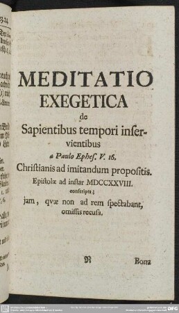 Meditatio Exegetica de Sapientibus tempori inservientibus a Paulo Ephes. V. 16