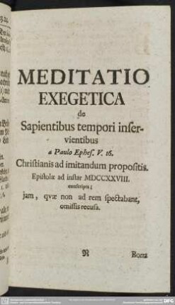 Meditatio Exegetica de Sapientibus tempori inservientibus a Paulo Ephes. V. 16