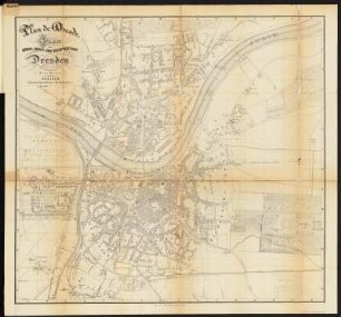 Stadtplan von Dresden, 1:9 000, Lithographie, 1862 : Plan de Dresde = Plan der Königl. Haupt- und Residenzstadt Dresden / gezeichn. von Oscar Hessler. Lith. Anst. von J. H. C. Rau. - [Ca. 1:9 000]. - Dresden : Kuntze, 1862. - 1 Kt. : Lithogr. ; 56,1 x 51,7 cm