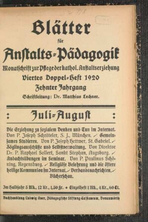 Juli-August: Viertes Doppelheft 1920