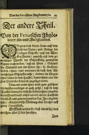 Der andere Theil. Von der Fetuischen Abgötterey / Un- und Aberglauben.