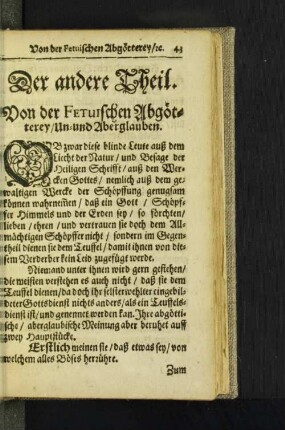 Der andere Theil. Von der Fetuischen Abgötterey / Un- und Aberglauben.
