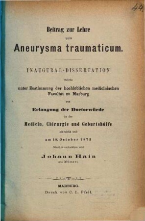 Beitrag zur Lehre vom Aneurysma traumaticum : Inaugural-Dissertation