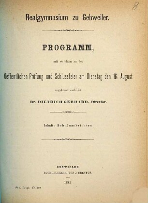 Programm : durch welches zu der öffentlichen Prüfung und Schlussfeier ... ergebenst einladet. 1880/81