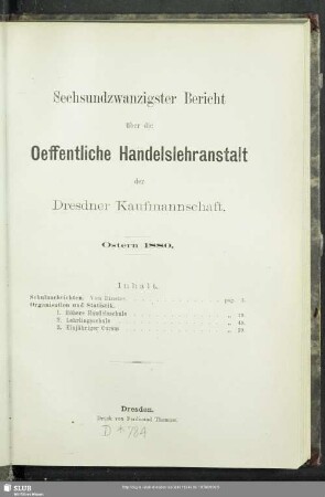 26.1879/80: Bericht über die Öffentliche Handelslehranstalt der Dresdner Kaufmannschaft