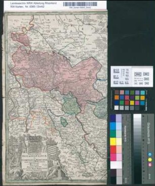 Herzogtum Kleve: Nova et accurata Ducatus Cliviae et Comitatus Marchiae, cum finitimis Provinciis Delineatio. Cura et caelo Matthaei Seutteri. S.C. Cathol. Regiae Majest. Geogr. Augustae Vindelicor.