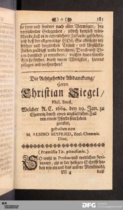 Die Achtzehende Abdanckung/ Herrn Christian Siegel/ Phil. Stud.