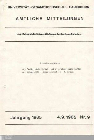 Promotionsordnung des Fachbereichs Sprach- und Literaturwissenschaften der Universität - Gesamthochschule - Paderborn : 4.9.1985