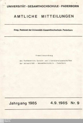 Promotionsordnung des Fachbereichs Sprach- und Literaturwissenschaften der Universität - Gesamthochschule - Paderborn : 4.9.1985
