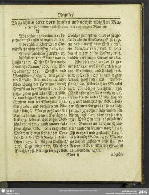 Verzeichnis derer vornehmsten und nothwendigsten Materien so hierinnen zubefinden, nach angezeigten Blättern