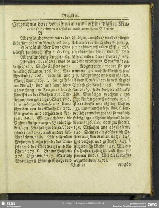 Verzeichnis derer vornehmsten und nothwendigsten Materien so hierinnen zubefinden, nach angezeigten Blättern