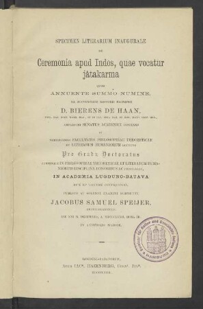 Specimen literarium inaugurale de ceremonia apud Indos : quae vocatur jâtakarma
