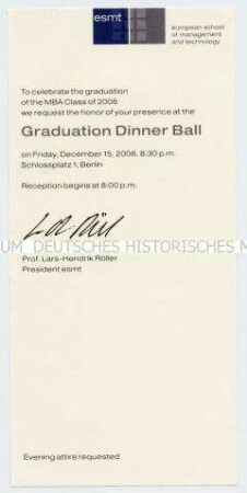 Einladung zum "Graduation Dinner Ball" der "Europan School of Management and Technology" in Berlin (mit Begleitschreiben)