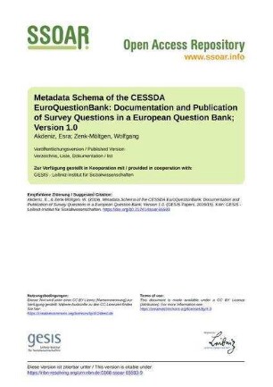 Metadata Schema of the CESSDA EuroQuestionBank: Documentation and Publication of Survey Questions in a European Question Bank; Version 1.0