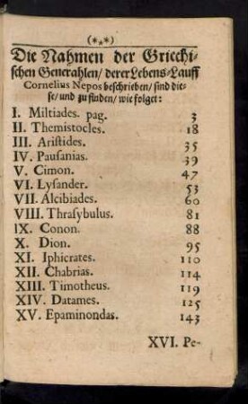 Die Nahmen der Griechischen Generahlen/ derer Lebens-Lauff Cornelius Nepos beschrieben/ sind diese/ und zu finden/ wie folgt