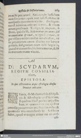Ad D. Scudarum, Regium Consiliarium, Epistola: In qua Astronomiae atque Astrologiae abusus breuiter indicatur