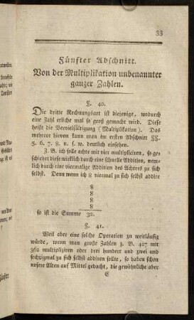 33-45, Fünfter Abschnitt. Von der Multiplikation unbenannter ganzer Zahlen, § 40 - 52