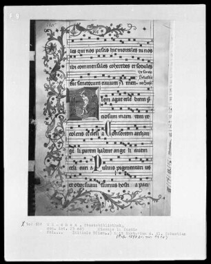 Missale de festis — Textseite mit einer Initiale und Drolerien in der Bordüre