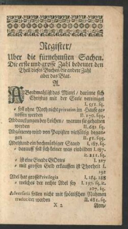 Register/ Uber die fürnehmsten Sachen