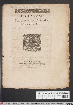 Programma Sub dies festos Paschatis : P.P. in academia Iulia
