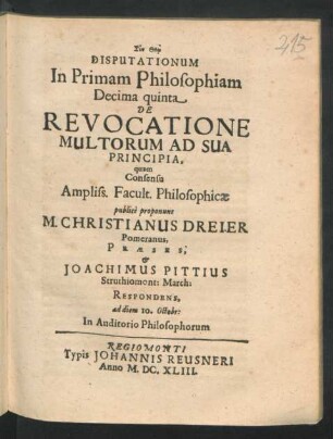 Disputationum In Primam Philosophiam Decima quinta De Revocatione Multorum Ad Sua Principia