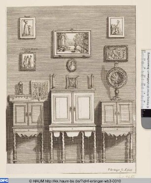 Einrichtung der Bibliothèque Sainte-Geneviève: Schränke, Ziergerät und Bilder