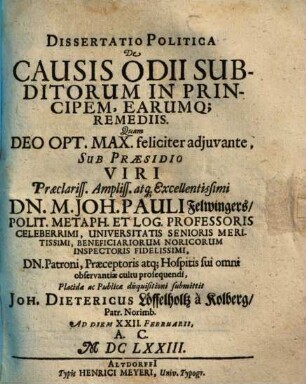 Diss. polit. de causis odii subdictorum in principem, earumque remediis