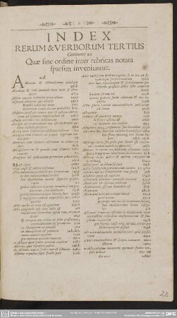 Index Rerum & Verborum Tertius Continens ea Quae sine ordine inter rubricas notata sparsim inveniuntur