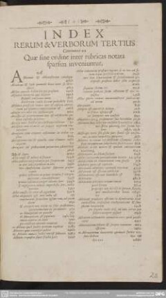 Index Rerum & Verborum Tertius Continens ea Quae sine ordine inter rubricas notata sparsim inveniuntur