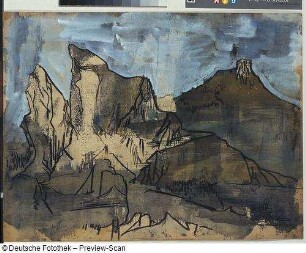 Konstruktive Gebirgslandschaft mit See und Häusern