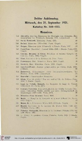 Dritter Auktionstag: Mittwoch, den 21. September 1921 (Nr. 344-513)