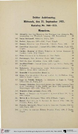 Dritter Auktionstag: Mittwoch, den 21. September 1921 (Nr. 344-513)