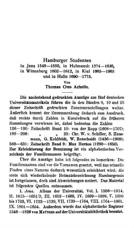 Hamburger Studenten in Jena 1548 - 1850, in Helmstedt 1574 - 1636, in Wittenberg 1602 - 1812, in Kiel 1665 - 1865 und in Halle 1690 - 1775