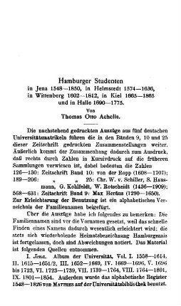 Hamburger Studenten in Jena 1548 - 1850, in Helmstedt 1574 - 1636, in Wittenberg 1602 - 1812, in Kiel 1665 - 1865 und in Halle 1690 - 1775