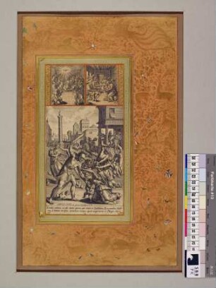 Illustration: Drei Kupferstiche: Pfingsten (oben links), Die vier Evangelisten (oben rechts), Der bethlehemitische Kindermord (unten)