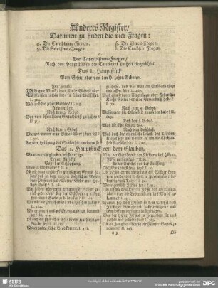 Anderes Register, Darinnen zu finden die vier Fragen: α. Die Catechismus-Fragen. β. Die Streit-Fragen. γ. Die Gewissens-Fragen. δ. Die Curiösen Fragen