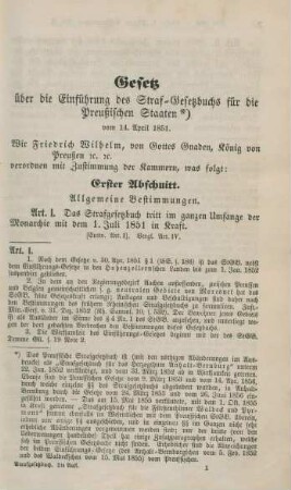 Gesetz über die Einführung des Straf-Gesetzbuchs für die Preußischen Staaten vom 14. April 1851.
